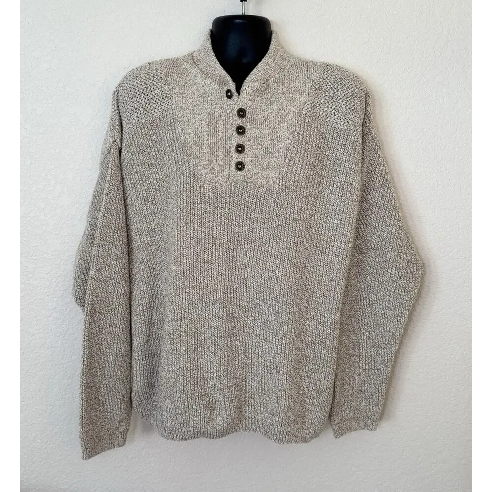 Vintage Eddie Bauer Henley Pullover Sweater Cable Knit Mens Large Grandpa USA